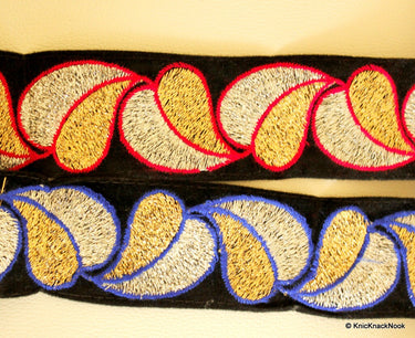 Black Velvet Trim With Gold, Silver And Fuchsia Pink Embroidery, 52mm Wide